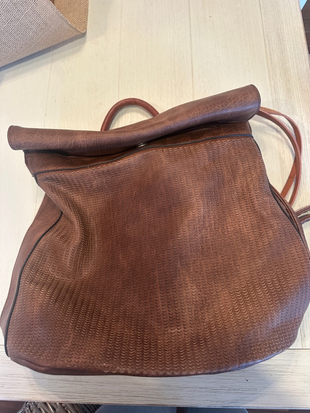 Brown Textured Leather Roll-Top Women's Backpack